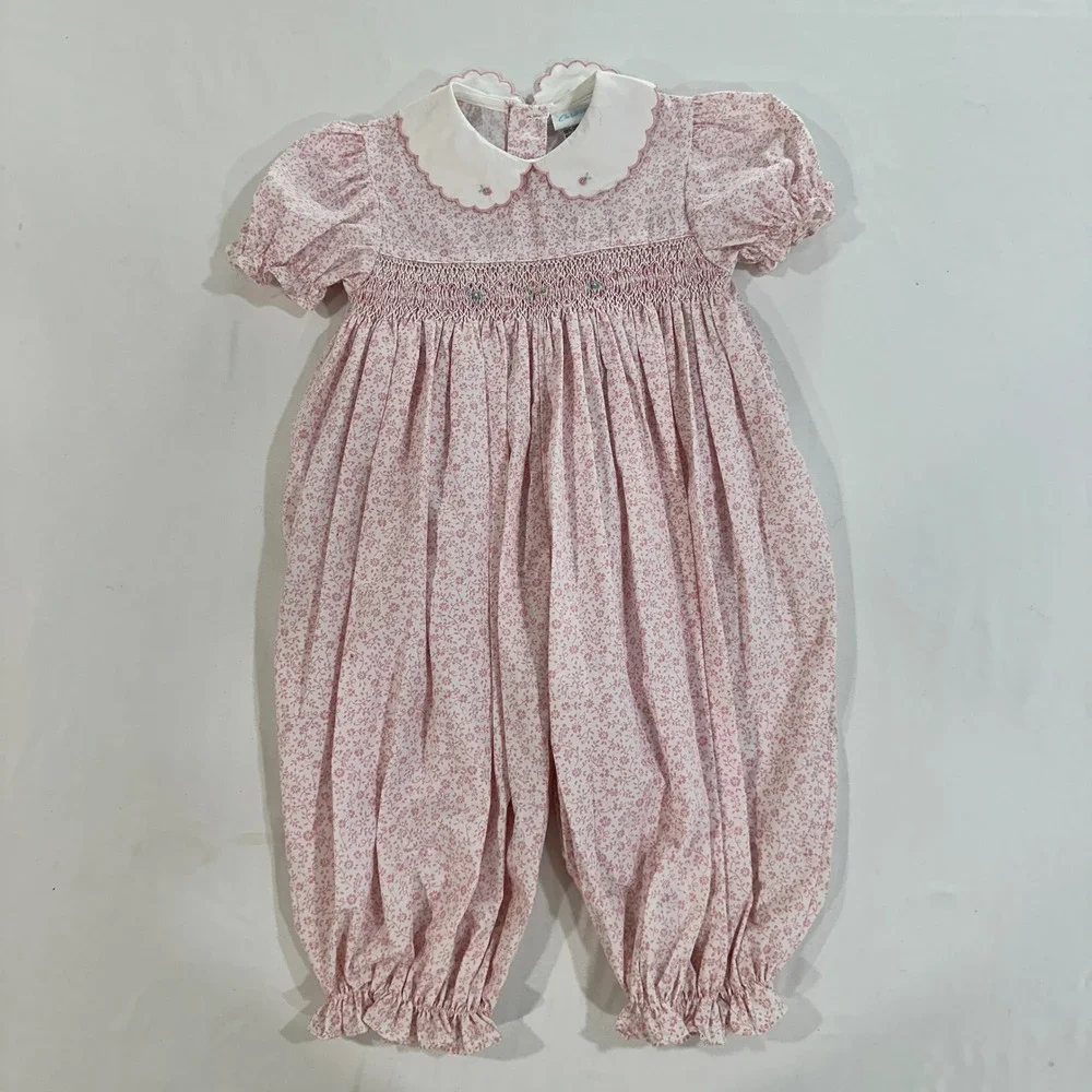 Carter's Baby Girl Romper Floral Smocked Vintage Peter Pan Collar Pink 18M